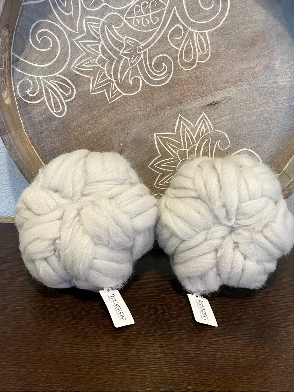 Set of 2 NWT 7” Light Grey/Gray Chunky Knit Yarn Harvest Pumpkins w/ Wood Stems